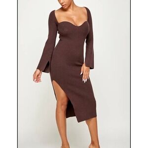 Her Bottari Brown Ribbed Knit Midi Dress Sweetheart Neckline Slit Size L‎